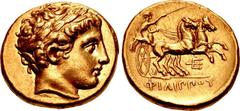 KINGS of MACEDON. temp. Philip II – Alexander III. Circa 340/36-328 BC. AV Stater (18.5mm, 8.60 g, 12h). In the name and types of Philip II. Pella mint. Head of Apollo right, wearing laurel wreath / Φ