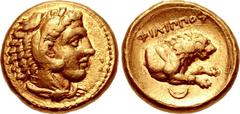 KINGS of MACEDON. temp. Philip II – Alexander III. Circa 340/36-328 BC. AV Half Stater (13.5mm, 4.38 g, 5h). In the name and types of Philip II. Amphipolis mint. Head of Herakles right, wearing lion s