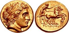 KINGS of MACEDON. Philip III Arrhidaios. 323-317 BC. AV Stater (17.5mm, 8.58 g, 12h). In the types of Philip II. Kolophon mint. Struck under Menander or Kleitos, circa 322-319 BC. Head of Apollo right
