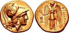KINGS of MACEDON. Philip III Arrhidaios. 323-317 BC. AV Stater (19mm, 8.59 g, 3h). Kolophon mint. Struck under Menander or Kleitos, circa 322-319 BC. Head of Athena right, wearing crested Corinthian h