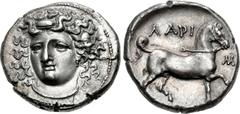 THESSALY, Larissa. Circa 356-342 BC. AR Stater (24mm, 11.89 g, 5h). Late facing head type. Head of the nymph Larissa facing slightly left, hair in ampyx, wearing necklace / Bridled horse prancing righ