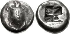 ISLANDS off ATTICA, Aegina. Circa 550-530/25 BC. AR Stater (20mm, 12.66 g). Sea turtle, head in profile, with thick collar and row of dots down its back / Deep incuse square of proto-“Union Jack” patt