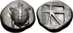 ISLANDS off ATTICA, Aegina. Circa 480-457 BC. AR Stater (21mm, 12.23 g, 2h). Sea turtle, head in profile, with ‘T-back’ design on shell / Large square incuse with skew pattern. Meadows, Aegina , Group