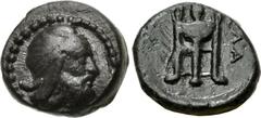 IONIA, Achaemenid Period. Tiribazos. Satrap of Lydia, 388-380 BC. Æ (11.5mm, 1.73 g, 12h). Klazomenai mint. Head right, wearing kyrbasia / Tripod; KΛA to right. Unpublished. VF, dark brown patina. App