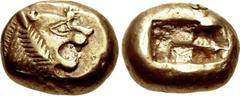 KINGS of LYDIA. temp. Alyattes – Kroisos. Circa 620/10-550/39 BC. EL Trite – Third Stater (12.5mm, 4.69 g). Sardes mint. Head of roaring lion right, sun with multiple rays on forehead / Two incuse squ