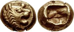 KINGS of LYDIA. temp. Alyattes – Kroisos. Circa 620/10-550/39 BC. EL Hemihekte – Twelfth Stater (7mm, 1.18 g). Sardes mint. Head of roaring lion right, sun with no rays on forehead / Incuse square. We