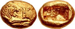 KINGS of LYDIA. Kroisos. Circa 564/53-550/39 BC. AV Stater (15.5mm, 8.05 g). Light standard. Sardes mint. Confronted foreparts of lion and bull / Two incuse squares. Berk 3; Traité I 401–3; SNG von Au