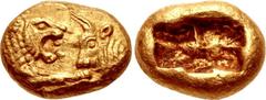 KINGS of LYDIA. Kroisos. Circa 564/53-550/39 BC. AV Third Stater (10.5mm, 2.68 g). Light standard. Sardes mint. Confronted foreparts of lion and bull / Two incuse squares. Walberg Group II; Berk 6; Tr