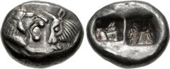 KINGS of LYDIA. temp. Cyrus – Darios I. Circa 550/39-520 BC. AR Siglos (16mm, 5.38 g). Sardes mint. Confronted foreparts of lion and bull / Two incuse squares. Carradice pl. XI, 9; Berk 22; SNG Ashmol