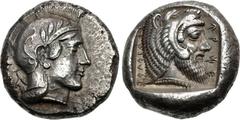 DYNASTS of LYCIA. Kherei. Circa 410-390 BC. AR Stater (18mm, 8.55 g, 12h). Telmessos mint. Head of Athena right, wearing crested Attic helmet decorated with spiral palmette and three olive leaves; TE 
