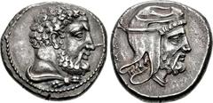 CILICIA, Mallos. Tiribazos. Satrap of Lydia, 388-380 BC. AR Stater (23mm, 10.15 g, 9h). Bearded head of Herakles right, lion skin tied around neck / Head right, wearing satrapal headdress; MAΛ to left