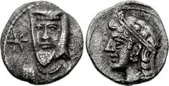 CILICIA, Uncertain. 4th century BC. AR Obol (10mm, 0.57 g, 12h). Draped bust facing slightly left, wearing kyrbasia; star to left / Draped bust of female left, wearing tainia, earring, and necklace. S