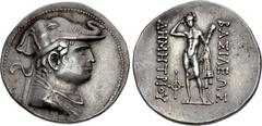 BAKTRIA, Greco-Baktrian Kingdom. Demetrios I Aniketos. Circa 200-185 BC. AR Tetradrachm (33mm, 17.06 g, 12h). Diademed and draped bust right, wearing elephant skin headdress / BAΣIΛEYΩΣ ΔHMHTPIOY, Her