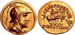 BAKTRIA, Greco-Baktrian Kingdom. Eukratides I Megas. Circa 170-145 BC. AV Stater (20mm, 8.48 g, 12h). Diademed and draped bust right, wearing crested helmet adorned with bull's horn and ear; all withi
