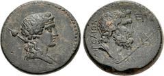 CILICIA, Aegeae. Pseudo-autonomous issue. temp. Caligula, AD 37-41. Æ (30mm, 18.98 g, 12h). Dated CY 86 (AD 39/40). Head of Dionysus right, wearing ivy wreath and head band; thyrsus over far shoulder 