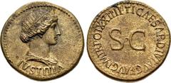 Tiberius. AD 14-37. Æ Dupondius (29mm, 14.75 g, 12h). Rome mint. Struck AD 22-23. IVSTITIA below, draped bust of Justitia right, wearing stephane ornamented with floral ornaments; her hair fastened in