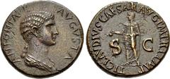 Antonia Minor. Augusta, AD 37 and 41. Æ Dupondius (28mm, 14.37 g, 6h). Rome mint. Struck under Claudius, AD 41-42. ANTONIA AVGVSTA, bareheaded and draped bust right, wearing hair in long plait at back