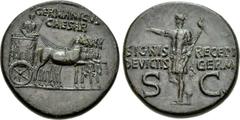 Germanicus. Died AD 19. Æ Dupondius (28mm, 15.90 g, 8h). Rome mint. Struck under Gaius (Caligula), AD 37-41. GERMANICVS/CAESAR in two lines above, Germanicus, bareheaded and draped, standing right in 