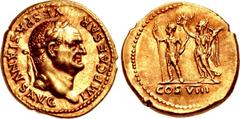 Vespasian. AD 69-79. AV Aureus (19mm, 7.35 g, 6h). Rome mint. Struck AD 77-78. IMP CAESAR VESPASIANVS AVG, laureate head right / COS VIII in exergue, Vespasian standing left, holding spear in right ha