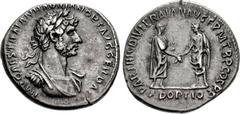 Hadrian. AD 117-138. AR Denarius (19mm, 3.48 g, 7h). Rome mint. Struck AD 117. IMP CAES TRAIAN HADRIAN OPT AVG GER DAC, laureate, draped, and cuirassed bust right / PARTHIC DIVI TRAIAN AVG F P M TR P 