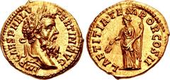 Pertinax. AD 193. AV Aureus (20mm, 7.23 g, 6h). Rome mint. IMP CAES P HELV PERTIN AVG, laureate head right / LAETITIA • TEMPOR COS II, Laetitia, draped, standing left, holding wreath in lowered right 