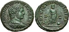 Caracalla. AD 198-217. Æ As (26mm, 11.33 g, 12h). Rome mint. Struck AD 215. ANTONINVS PIVS AVG GERM, laureate, draped, and cuirassed bust right / P M TR P XVIII COS IIII P P, S C across field, Asclepi