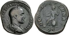 Gordian II. AD 238. Æ Sestertius (29mm, 21.49 g, 12h). Rome mint. IMP CAES M ANT GORDIANVS AFR AVG, laureate, draped, and cuirassed bust right / ROMAE AETERNAE, S C in exergue, Roma, helmeted and drap