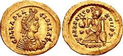 Galla Placidia. Augusta, AD 421-450. AV Solidus (20.5mm, 4.46 g, 6h). Uncertain Asian mint. Struck under Theodosius II, AD 443. GALLA PLA CIDIA AVG, pearl-diademed and draped bust right, wearing singl