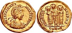 Valentinian III. AD 425-455. AV Solidus (22mm, 4.49 g, 7h). Imperial Marriage issue. Thessalonica mint. Struck Winter AD 437-438. D N PLA VALENTI NIANVS P F AVG, diademed, helmeted, draped, and cuiras