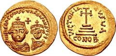 Heraclius, with Heraclius Constantine. 610-641. AV Solidus (20.5mm, 4.48 g, 6h). Uncertain eastern military mint, 1st officina. Struck circa 613-616/8. ∂∂ ИИ ҺЄRACLIVS Єτ ҺЄRA CONST P P, crowned facin