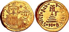 Constans II, with Constantine IV. 641-668. AV Solidus (21mm, 4.40 g, 6h). Syracuse mint. Struck 654-659. ∂ N CONSτANτINЧS CONSτANτINЧ, crowned facing busts of Constans, with long beard, and Constantin