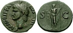 AGRIPPA. Died 12 BC. Æ As (28mm, 10.42 gm). Rome mint Struck under Caligula, 37-41 AD. Head left, wearing rostral crown / Neptune standing left, holding small dolphin and trident. RIC I 58 (Gaius); Co