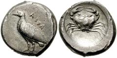 SICILY, Akragas. Circa 510-480 BC. AR Didrachm (8.75 gm). Estimate $2000 SICILY, Akragas. Circa 510-480 BC. AR Didrachm (8.75 gm). Eagle standing left / Crab. Jenkins, Gela, Group III; SNG ANS 939. Li
