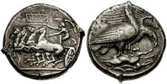 SICILY, Akragas. Circa 410 BC. AR Tetradrachm (17.28 gm). Signed by Silanos. Estimate $20000  SICILY, Akragas. Circa 410 BC. AR Tetradrachm (17.28 gm). Signed by Silanos. AKRAG/ANTIN-ON in two lines o
