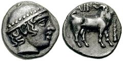 THRACE, Ainos. Circa 429-426 BC. AR Diobol (1.14 gm). Estimate $300 THRACE, Ainos. Circa 429-426 BC. AR Diobol (1.14 gm). Head of Hermes right, wearing petasos / Goat standing right; club before. May,