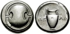 BOEOTIA, Thebes. Circa 395/390-338 BC. AR Stater (12.06 gm). Estimate $300 BOEOTIA, Thebes. Circa 395/390-338 BC. AR Stater (12.06 gm). Boeotian shield / Amphora; AG-LA across field. Hepworth 1; BMC C