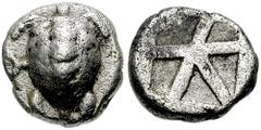 AEGINA. Circa 480-457 BC. AR Triobol (2.80 gm). Estimate $200 AEGINA. Circa 480-457 BC. AR Triobol (2.80 gm). Turtle with row of pellets down shell; crescent to left / Incuse skew pattern. Cf. Milbank