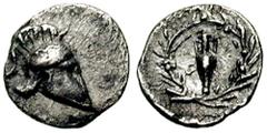PELOPONNESOS, Uncertain mint (Zakynthos?). Circa 4th century BC. AR Hemiobol (0.27 gm). Estimate $200 PELOPONNESOS, Uncertain mint (Zakynthos?). Circa 4th century BC. AR Hemiobol (0.27 gm). Corinthian