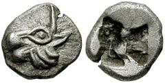 LESBOS, Mytilene. Before 521 BC. AR Diobol (1.24 gm). Estimate $300  LESBOS, Mytilene. Before 521 BC. AR Diobol (1.24 gm). Head of bull left / Incuse punch. SNG Copenhagen -; SNG von Aulock -; Rosen -