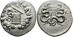 LYDIA, Tralles. Circa 128-85 BC. AR Cistophoric Tetradrachm (12.65 gm). Estimate $200 LYDIA, Tralles. Circa 128-85 BC. AR Cistophoric Tetradrachm (12.65 gm). Cista mystica with serpent, all within ivy