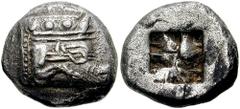 LYCIA, Phaselis. Circa 530 BC. AR Stater (10.81 gm). Estimate $2000  LYCIA, Phaselis. Circa 530 BC. AR Stater (10.81 gm). Prow of galley right in the form of a boar's head; small dolphin below nose / 