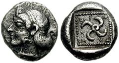 DYNASTS of LYCIA. Teththiveibi. Circa 450-420 BC. AR Diobol (1.50 gm). Estimate $150 DYNASTS of LYCIA. Teththiveibi. Circa 450-420 BC. AR Diobol (1.50 gm). Head of Artemis left / Tetraskeles within in