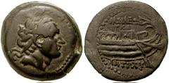 SELEUKID KINGS of SYRIA. Antiochos III. 223-187 BC. Æ 24mm (8.88 gm). Tyre mint. Dated year 124 (189/8 BC). Estimate $200 SELEUKID KINGS of SYRIA. Antiochos III. 223-187 BC. Æ 24mm (8.88 gm). Tyre min