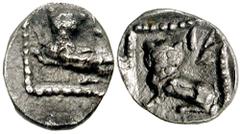 SAMARIA. Circa 375-333 BC. AR Hemiobol (0.24 gm). Estimate $200 SAMARIA. Circa 375-333 BC. AR Hemiobol (0.24 gm). Lion crouching left; Aramaic "SL" (Shelemiyah?) above, all in dotted square / Lion cro