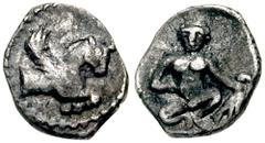 SAMARIA. Circa 375-333 BC. AR Hemiobol (0.21 gm). Estimate $600 SAMARIA. Circa 375-333 BC. AR Hemiobol (0.21 gm). Forepart of winged bull right / Nude boy crouching facing, holding a bird by the neck.