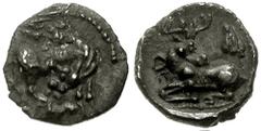 SAMARIA. Circa 375-333 BC. AR Hemiobol (0.29 gm). Estimate $700  SAMARIA. Circa 375-333 BC. AR Hemiobol (0.29 gm). Cow standing right, head reverted, suckling calf; legend above(?) / Crouching stag le