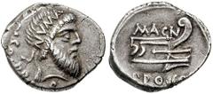 CNAEUS POMPEIUS MAGNUS (Pompey the Great). 49-48 BC. AR Denarius (3.83 gm). Uncertain mint in Greece. Estimate $750 CNAEUS POMPEIUS MAGNUS (Pompey the Great). 49-48 BC. AR Denarius (3.83 gm). Uncertai