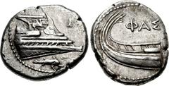 LYCIA, Phaselis. 4th century BC. AR Stater (23mm, 10.31 g, 4h). Prow of galley right, fighting platform decorated with Pegasos flying right; below, dolphin right / Stern of galley left; ΦAΣ above. Hei