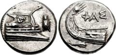 LYCIA, Phaselis. 4th century BC. AR Stater (21.5mm, 10.33 g, 10h). Prow of galley right, fighting platform decorated with facing gorgoneion; to right, cicada upward / Stern of galley left; ΦAΣ above; 