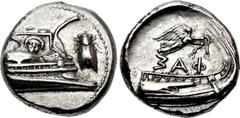 LYCIA, Phaselis. 4th century BC. AR Stater (20.5mm, 10.41 g, 7h). Prow of galley right, fighting platform decorated with facing gorgoneion; to right, cicada upward / Stern of galley right; above, Nike